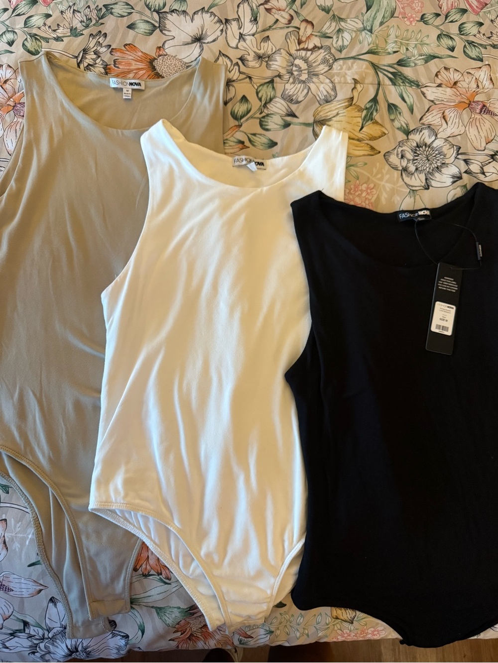 Fashion Nova Sleeveless Bodysuit Trio - Black, White, Taupe